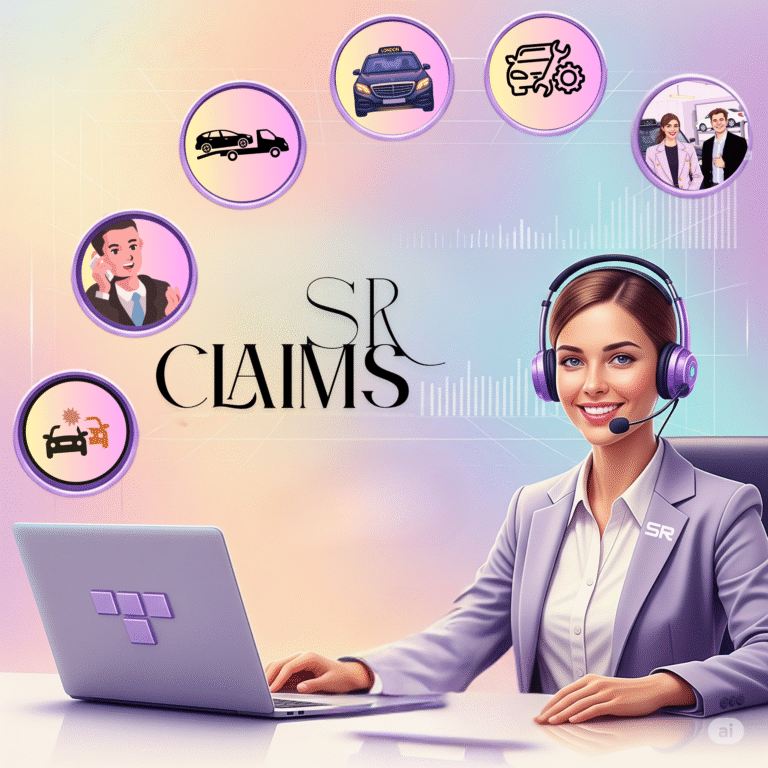 SR Claims customer service agent with headset at a laptop, alongside icons of a taxi, motorcycle, vehicle recovery and repair services.