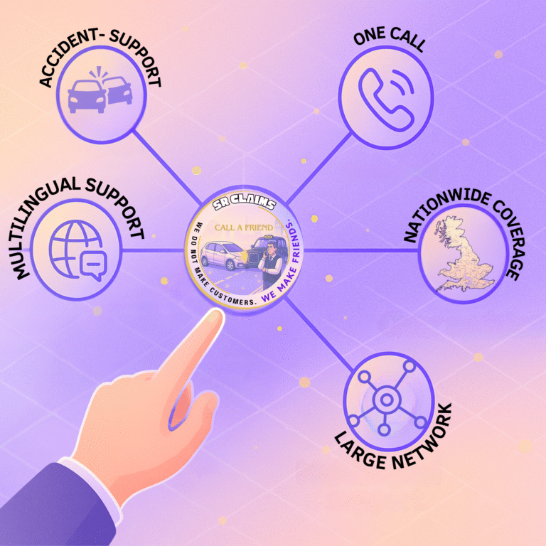 Finger pointing at SR Claims hub, with icons for accident support, one-call help, UK coverage, multilingual support and network.