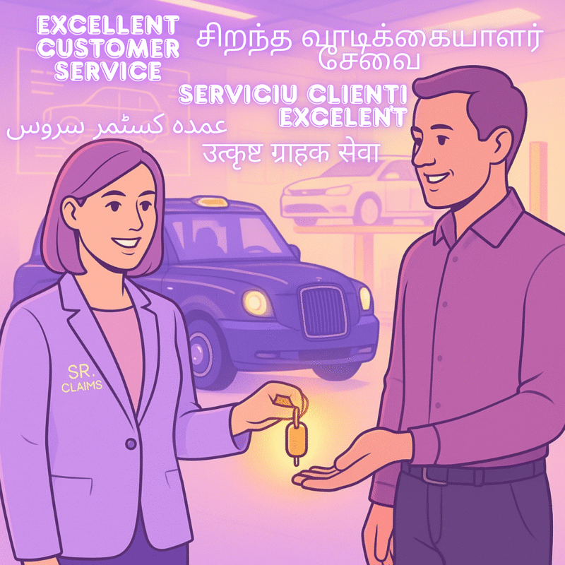SR Claims advisor handing car keys to a customer in a garage with a taxi and car lift, overlaid with “Excellent Customer Service” in English, Tamil, Romanian, Urdu and Hindi