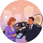 SR Claims advisor activating “Policy Active” on a tablet in front of a London taxi with digital fully comprehensive insurance graphics