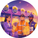 SR Claims agent shaking hands with partner garage staff in front of SR-branded partner garages, holding clipboards and insurance icons.