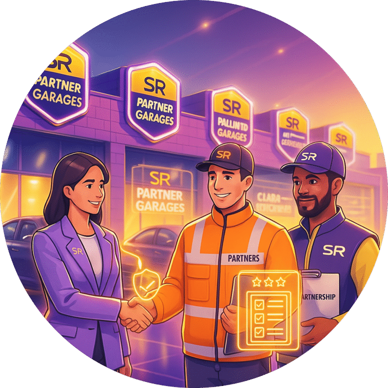 SR Claims agent shaking hands with partner garage staff in front of SR-branded partner garages, holding clipboards and insurance icons.