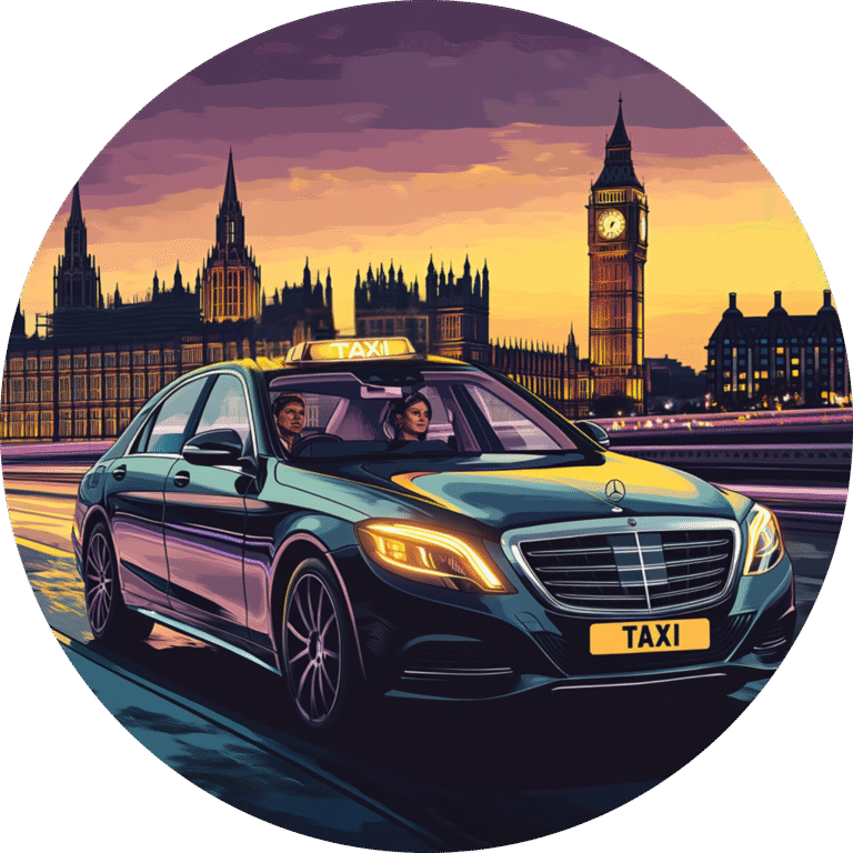 Black London taxi driving past Big Ben and the Houses of Parliament at dusk