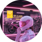 Motorcyclist reviewing insurance-approved repair options in SR Claims service bay with neon lighting.