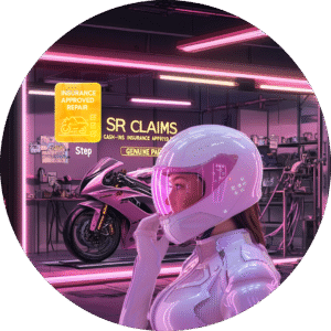Motorcyclist reviewing insurance-approved repair options in SR Claims service bay with neon lighting.