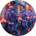 Line of SR Claims courier-spec motorcycles with delivery boxes queued on a city street at dusk.