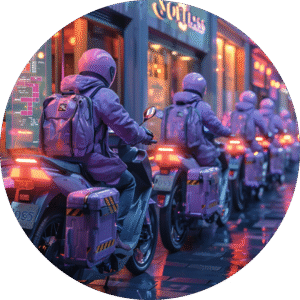 Line of SR Claims courier-spec motorcycles with delivery boxes queued on a city street at dusk.
