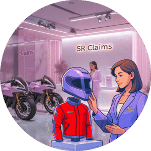 SR Claims agent presenting protective helmet and riding gear in a modern showroom with motorcycles.