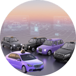 London taxi fleet including black and purple cabs against a digital schematic backdrop.