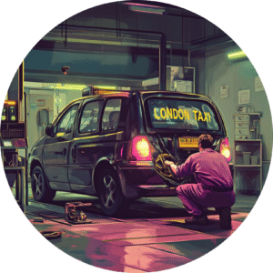 Mechanic repairing the rear damage of a black London taxi inside a workshop