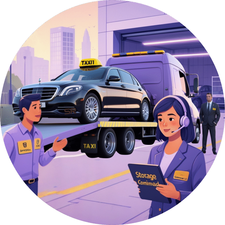 SR Claims crew loading a taxi onto a recovery truck while an agent confirms secure storage on a tablet.