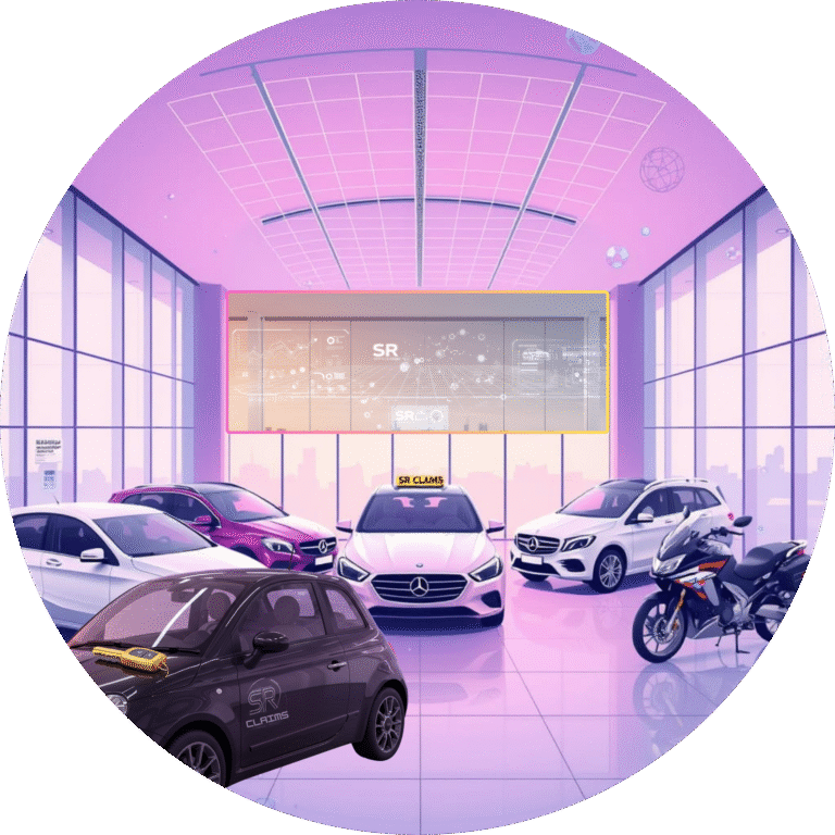 Showroom with a black SR Claims-branded Fiat 500 holding car keys on its roof, parked beside a taxi, SUVs and a motorbike ready for hire