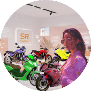 SR Claims agent and customer selecting like-for-like replacement motorcycles in a modern showroom.