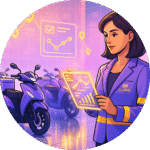 SR Claims agent reviewing ride-ready insurance coverage on a tablet, surrounded by replacement scooters in a showroom.