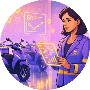 SR Claims agent reviewing ride-ready insurance coverage on a tablet, surrounded by replacement scooters in a showroom.