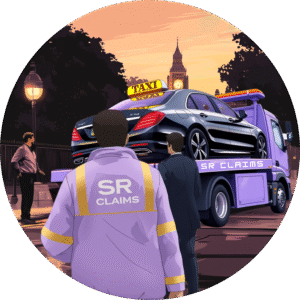 SR Claims recovery truck loading a London taxi after a roadside accident, with crew and drivers standing by Big Ben.