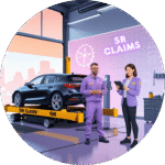 SR Claims mechanic and advisor in a workshop next to a car on an SR-branded lift, with repair-service schematics on the wall