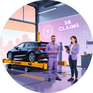 SR Claims mechanic and advisor in a workshop next to a car on an SR-branded lift, with repair-service schematics on the wall