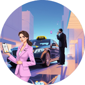 SR Claims agent holding a smartphone with 24/7 hotline display, standing by a London taxi while a driver makes a call.