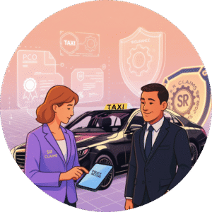 SR Claims agent with tablet showing active policy for taxi driver, with car and insurance holograms in the background.