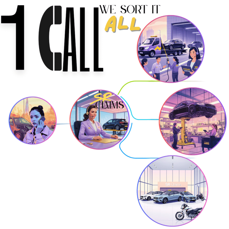 Diagram illustrating SR Claims one-call service: customer calls after an accident, agent assistance, towing, repairs and replacement vehicles.