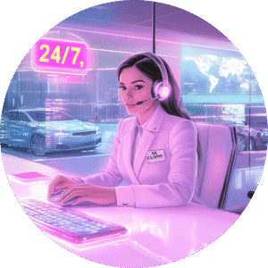 SR Claims agent with headset at a desk, providing a 24/7 emergency hotline for car drivers.