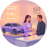 SR Claims agent handing car keys to a customer beside a credit hire car and drive-ready insurance display.