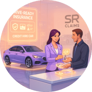 SR Claims agent handing car keys to a customer beside a credit hire car and drive-ready insurance display.