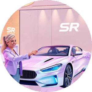 SR Claims agent handing car keys to a smiling customer beside a luxury vehicle, illustrating excellent customer satisfaction.