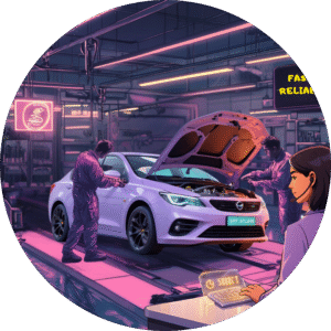 SR Claims agent monitoring fast vehicle repairs as mechanics work on a car in a neon-lit workshop.