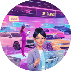 SR Claims agent selecting like-for-like replacement vehicles in a neon showroom.