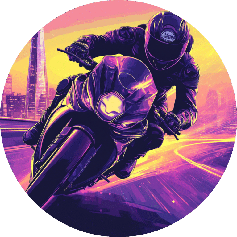 Motorcyclist leaning into a turn on a neon-lit road with a futuristic city skyline.