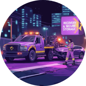SR Claims tow truck performing post-accident roadside recovery and secure storage for a damaged car at night.