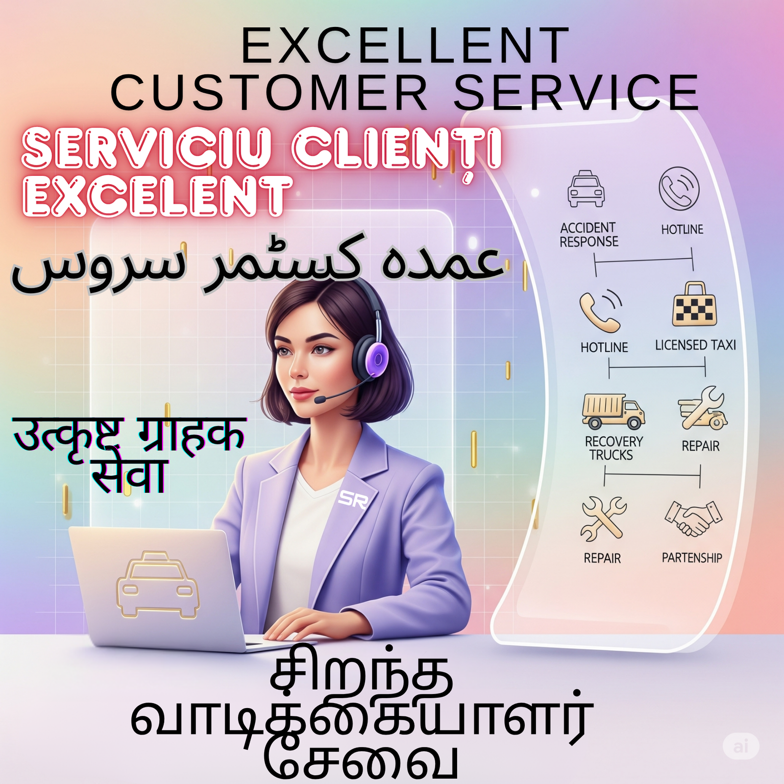 SR Claims multilingual customer service agent at a laptop with icons for accident response, licensed taxi service, recovery and repair.