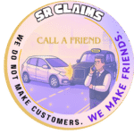 Circular SR Claims logo with “Call a Friend” tagline, showing London taxi driver on phone next to a minor crash scene