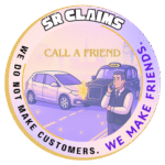 Circular SR Claims logo with “Call a Friend” tagline, showing London taxi driver on phone next to a minor crash scene