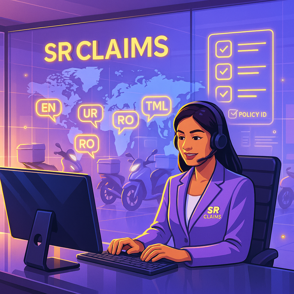 SR Claims customer service agent with headset at a laptop, alongside icons of a taxi, motorcycle, vehicle recovery and repair services.